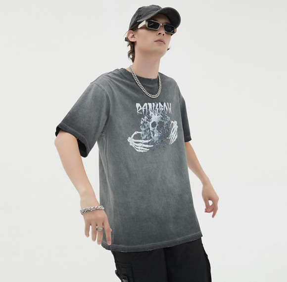 Benutzerdefinierte T-Shirts mit Skelett-Musterdruck, säuregewaschen, übergroße Baumwolle, Vintage-T-Shirts mit dunklen Skeletten