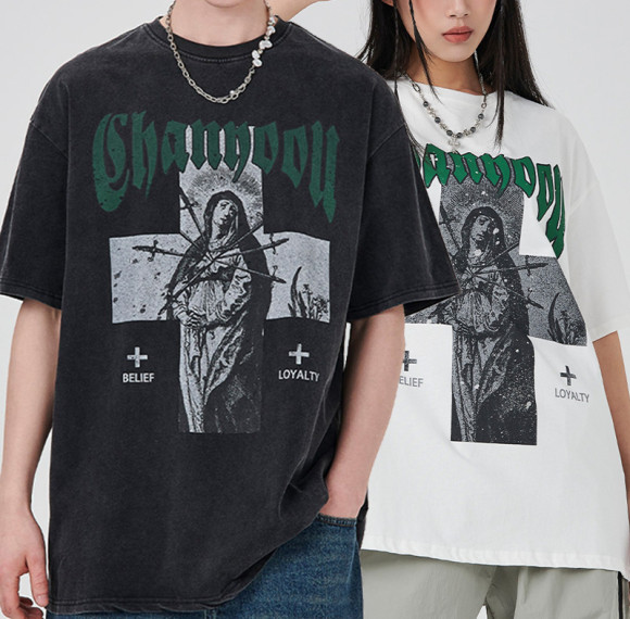 Wholesale Tshirts Acid Wash Short Sleeve Cotton Holy Cross Vintage Tshirts