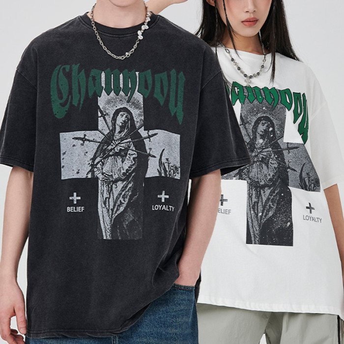 Wholesale Tshirts Acid Wash Short Sleeve Cotton Holy Cross Vintage Tshirts