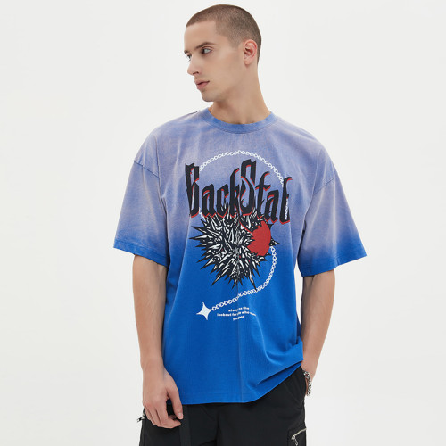 Herren-T-Shirt mit individuellem Logo, Direkteinspritzdruck, T-Shirt aus 100 % Baumwolle mit Farbverlaufswaschung