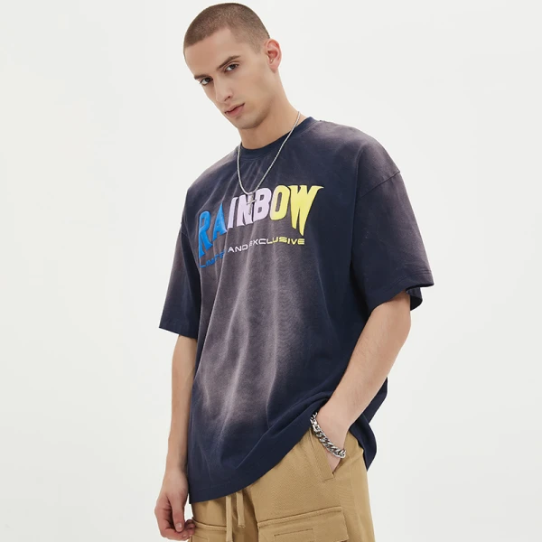 Quick Design Partial Washed Gradient Effect Cotton Oversized Men Puff Print Tshirts
