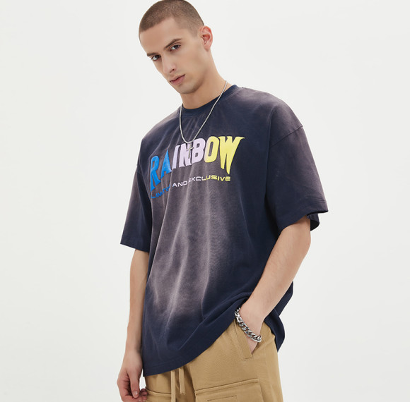 Schnelles Design, teilweise gewaschene Baumwolle mit Farbverlaufseffekt, übergroße Herren-T-Shirts mit Puff-Print