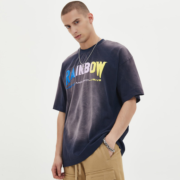 Quick Design Übergroße Herren-T-Shirts mit Puff-Print aus teilweise gewaschener Baumwolle mit Farbverlaufseffekt