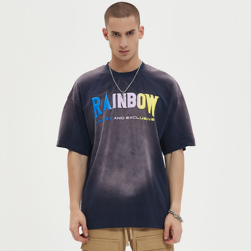 Schnelles Design, teilweise gewaschene Baumwolle mit Farbverlaufseffekt, übergroße Herren-T-Shirts mit Puff-Print
