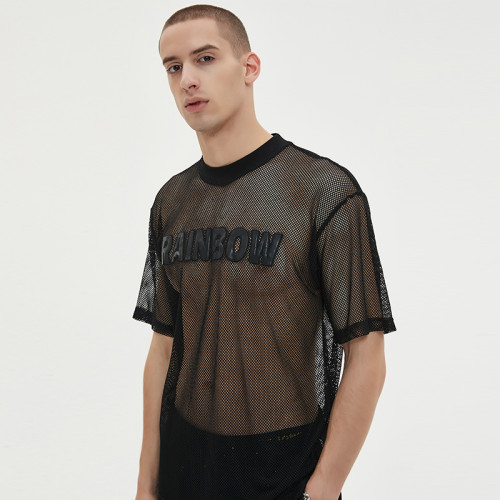Manufacturing Men Tshirt Oversize Mesh Elastic Leather Embroidery Letter Pattern Tshirt