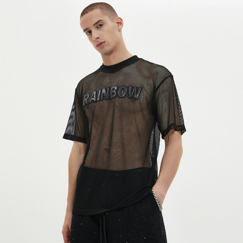 Manufacturing Men Tshirt Oversize Mesh Elastic Leather Embroidery Letter Pattern Tshirt