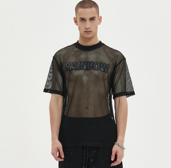 Manufacturing Men Tshirt Oversize Mesh Elastic Leather Embroidery Letter Pattern Tshirt