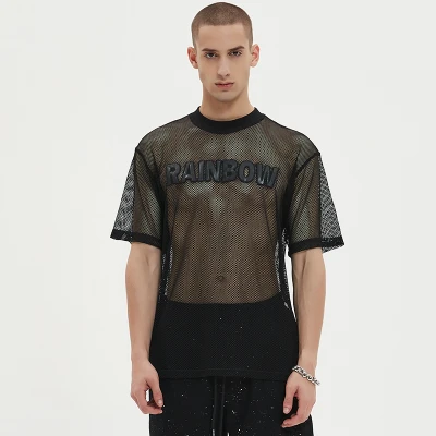 Manufacturing Men Tshirt Oversize Mesh Elastic Leather Embroidery Letter Pattern Tshirt