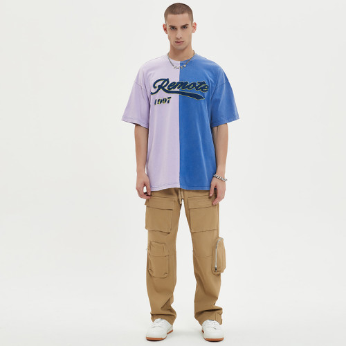 Мужская темная футболка с логотипом на заказ, потертое полотенце из 100% хлопка, вышивка, контрастная футболка с блокировкой цвета