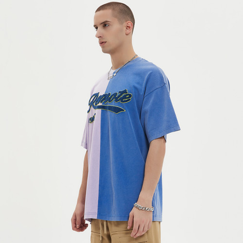 Dunkles Herren-T-Shirt mit individuellem Logo, gewaschen, 100 % Baumwolle, Handtuch-Stickerei, Farbblock-Kontrast-T-Shirt