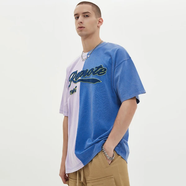 Custom Logo Men's  Dark T shirt Washed 100% Cotton Towel Embroidery Colour Blocking Contrast T shirt
