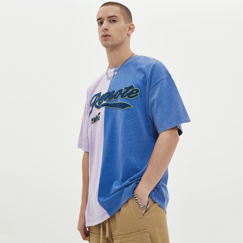 Dunkles Herren-T-Shirt mit individuellem Logo, gewaschen, 100 % Baumwolle, Handtuch-Stickerei, Farbblock-Kontrast-T-Shirt