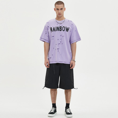 Fabrikdruck Baumwoll-T-Shirt Dark Summer Holes Herren Kurzarm-T-Shirts mit Rissen
