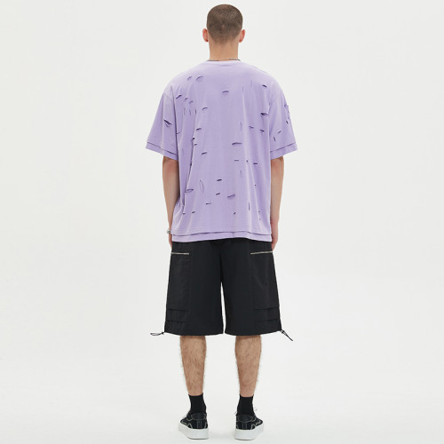 Хлопковая футболка с заводской печатью, темные летние мужские рваные футболки с короткими рукавами и дырками