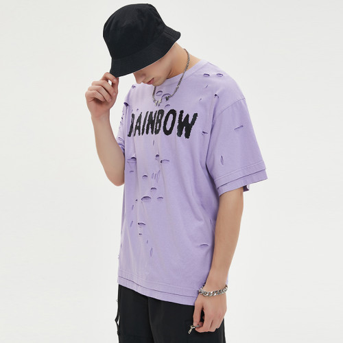Хлопковая футболка с заводской печатью, темные летние мужские рваные футболки с короткими рукавами и дырками