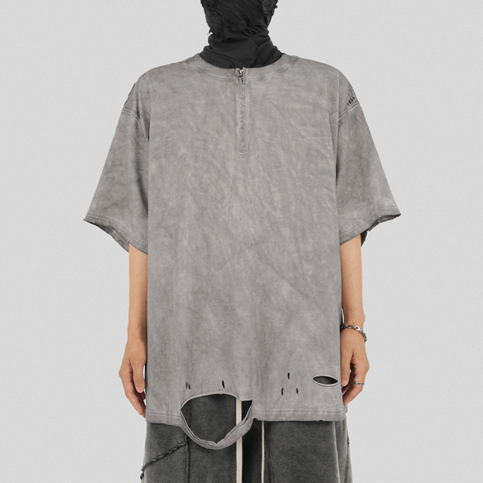 Benutzerdefinierte Vintage-T-Shirts im Used-Look. Benutzerdefinierte Herren-T-Shirts mit übergroßem Reißverschluss aus Baumwolle