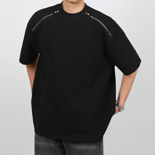 Manufacturing Tshirts Schwarze, übergroße Baumwoll-T-Shirts mit Reißverschluss für Herren