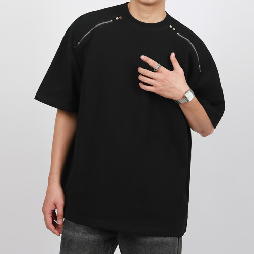 Manufacturing Tshirts Schwarze, übergroße Baumwoll-T-Shirts mit Reißverschluss für Herren
