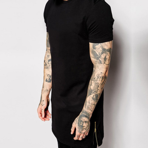 Customized Tshirts Men's Black Private Label Cotton Longline Zipper Tshirts
