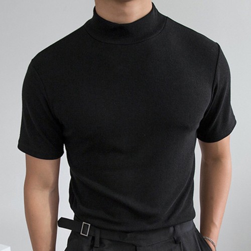 Wholesale Plain Cotton Tshirt Solid Color 180GSM Summer High Collar Men Skinny Fit Tshirt