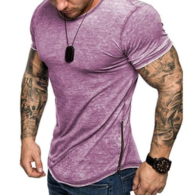 Customized Slim Fit T-shirt Solid Color Round Neck Men's Hem Zipper T-shirt