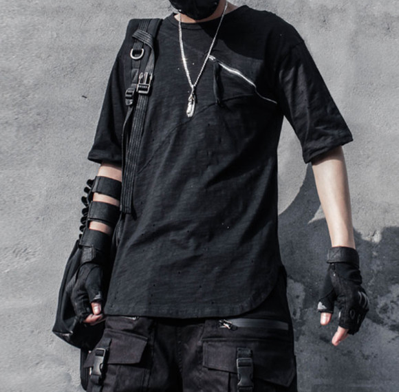 Manufacturing Custom T-shirt 190g Dark Slim Fit Patchwork Zipper T-shirt