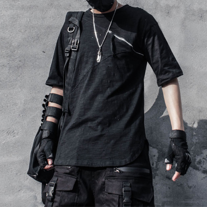 Manufacturing Custom T-shirt 190g Dark Slim Fit Patchwork Zipper T-shirt