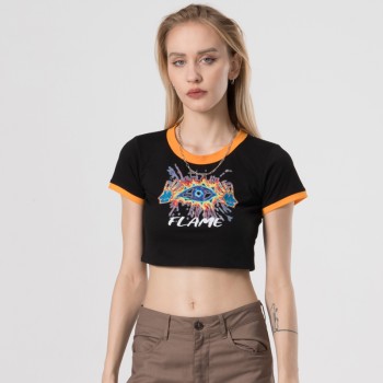 Manufacturing Custom Crop Top Women Fire Eye Hot Transfer Print Crop T-shirts