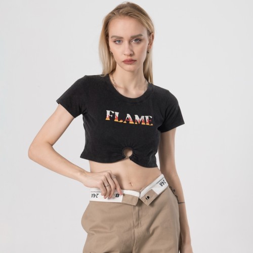 Customized Acid Washed Crop Top Women Flame Hot Transfer Print Crop T-shirts
