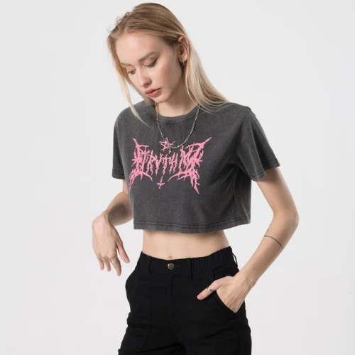 Private Label Women Tshirt | Crop Top Acid Wash Tshirts | Screen Mystery Symbols Printing Vintage T shirt