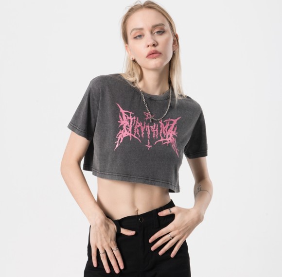 Private Label Women Tshirt | Crop Top Acid Wash Tshirts | Screen Mystery Symbols Printing Vintage T shirt