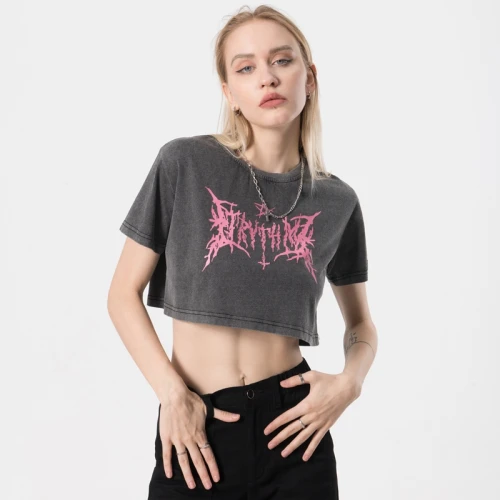 Private Label Women Tshirt | Crop Top Acid Wash Tshirts | Screen Mystery Symbols Printing Vintage T shirt
