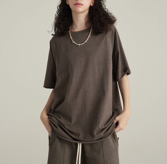 Individuelle Private-Label-T-Shirts | Einfarbige T-Shirts für Damen | Baumwoll-T-Shirt mit verwaschenen Raglanärmeln und Streurand