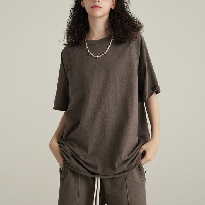 Individuelle Private-Label-T-Shirts | Einfarbige T-Shirts für Damen | Baumwoll-T-Shirt mit verwaschenen Raglanärmeln und Streurand