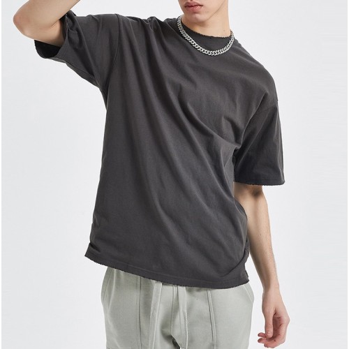 OEM/ODM Темные футболки на заказ | Мужские футболки с рваным подолом | Футболки из помытого хлопка с однотонным узором 250GSM