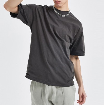 OEM/ODM Темные футболки на заказ | Мужские футболки с рваным подолом | Футболки из помытого хлопка с однотонным узором 250GSM