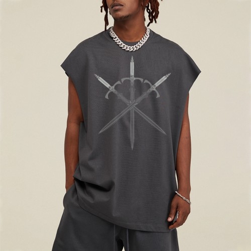 Дизайнерские футболки с принтом меча на заказ | Мужские винтажные сильно постиранные футболки | Футболка большого размера с графической печатью 305GSM