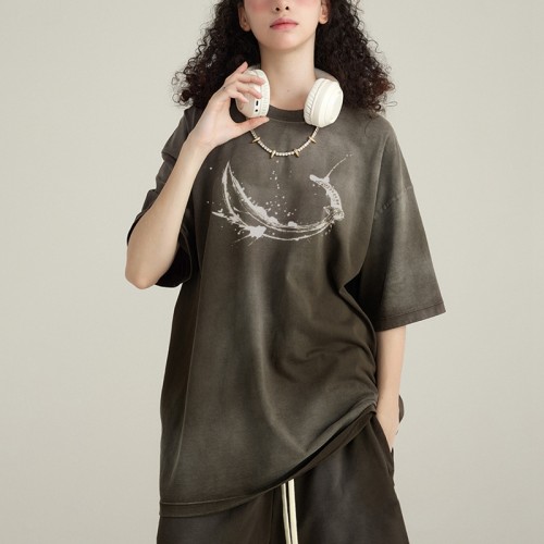 Individuelles T-Shirt aus gewaschener Baumwolle | Schwertmuster-Druck, Übergröße, 270 g/m², Unisex-Tshrits