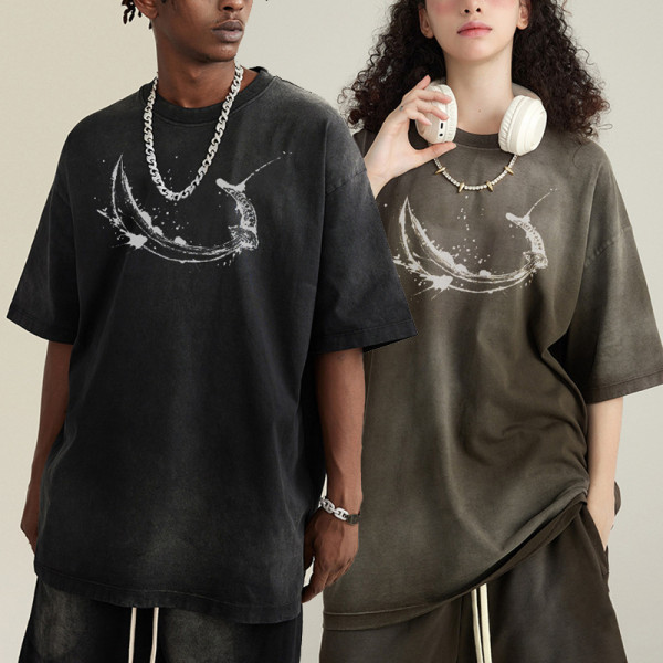 Individuelles T-Shirt aus gewaschener Baumwolle | Schwertmuster-Druck, Übergröße, 270 g/m², Unisex-Tshrits