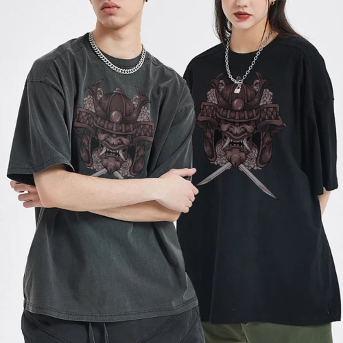 Supplier War Elements T-shirts | Japanese Samurai Printed Washed Tshirt | Hot Transfer Print Oversize Unisex 250GSM Tshirt