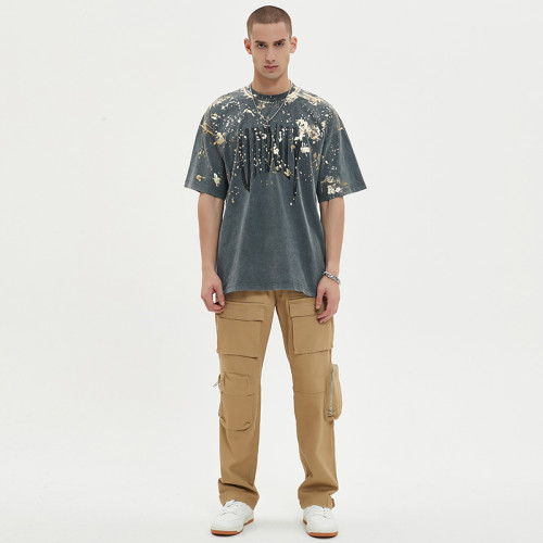 Herstellung kundenspezifischer Herren-Streetwear-Mode | Verfügbares handbemaltes T-Shirt mit Folien-Golddruckmuster | Dunkle T-Shirts aus Baumwolle mit Silikondruck und Grafik