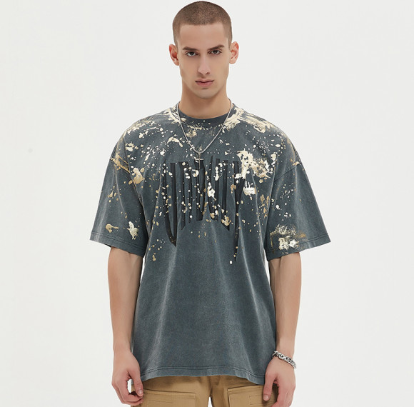 Manufacturing Custom Mens Streetwear Fashion | Available Hand Painted Foil Gold Print Pattern T-shirt | Silicone Print Graphic Cotton Dark T-shirts