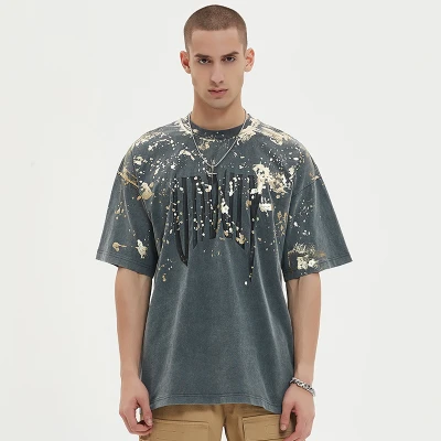 Manufacturing Custom Mens Streetwear Fashion | Available Hand Painted Foil Gold Print Pattern T-shirt | Silicone Print Graphic Cotton Dark T-shirts