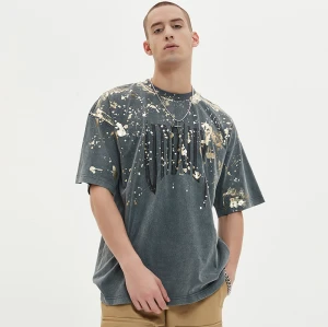 Herstellung kundenspezifischer Herren-Streetwear-Mode | Verfügbares handbemaltes T-Shirt mit Folien-Golddruckmuster | Dunkle T-Shirts aus Baumwolle mit Silikondruck und Grafik