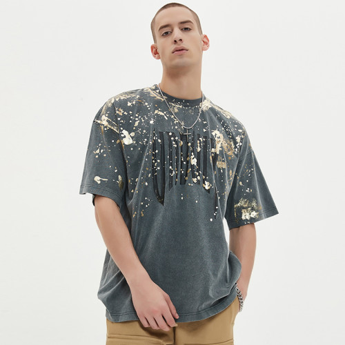 Herstellung kundenspezifischer Herren-Streetwear-Mode | Verfügbares handbemaltes T-Shirt mit Folien-Golddruckmuster | Dunkle T-Shirts aus Baumwolle mit Silikondruck und Grafik