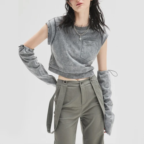 Custom Washed Open Navel Top Sleeve Crop Top | Women Oversleeve T-shirts Manufacturer
