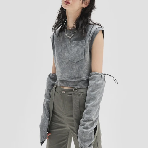 Custom Washed Open Navel Top Sleeve Crop Top | Women Oversleeve T-shirts Manufacturer