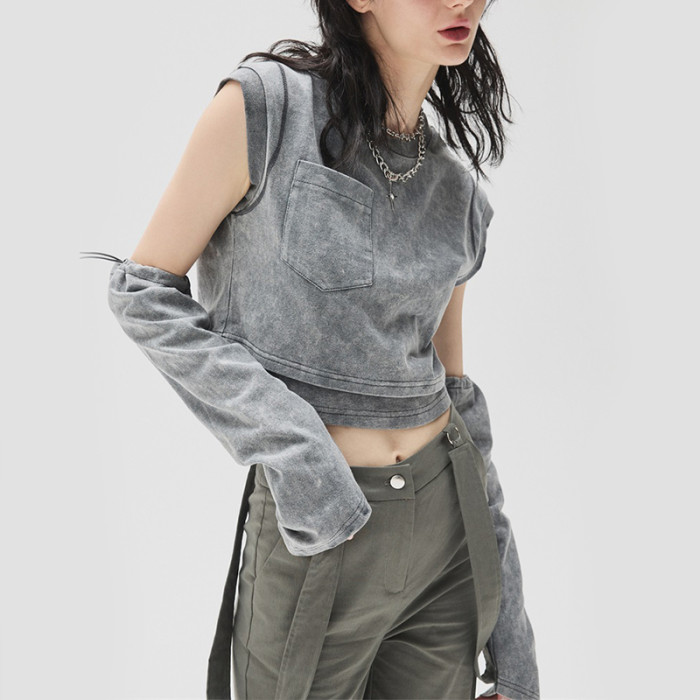 Custom Washed Open Navel Top Sleeve Crop Top | Women Oversleeve T-shirts Manufacturer