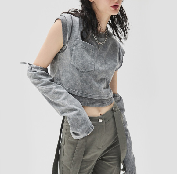 Custom Washed Open Navel Top Sleeve Crop Top | Women Oversleeve T-shirts Manufacturer