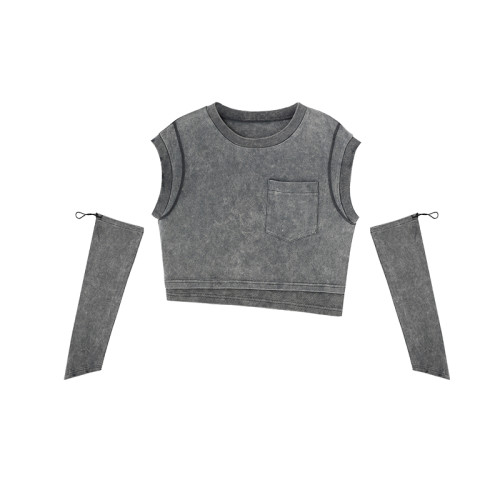 Maßgeschneidertes, gewaschenes Crop-Top mit offenem Nabel-Oberteil und Ärmeln | Hersteller von Oversleeve-T-Shirts für Damen